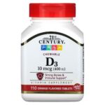 21st Century, Vitamin D3, Chewable, Orange Flavor, 100 mcg, (400 IU), 110 Tablets,21st Century, витамин D3, в жевательной форме, апельсиновый вкус, 100 мкг, (400 МЕ), 110 таблеток