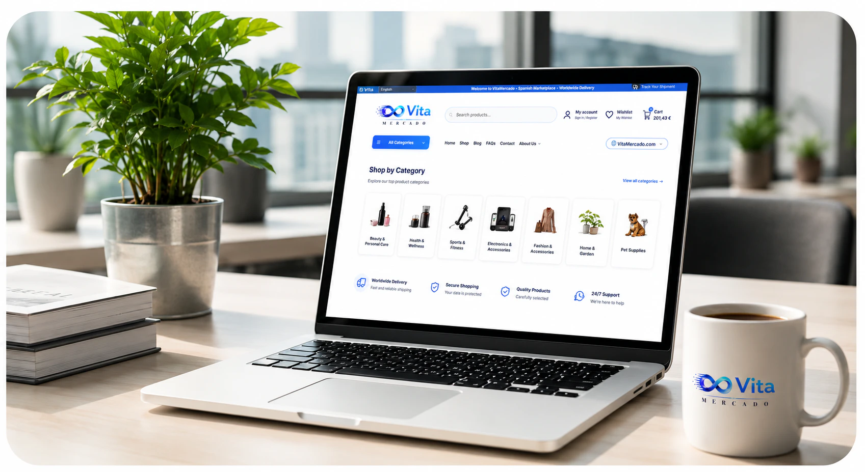 Laptop displaying the VitaMercado online marketplace