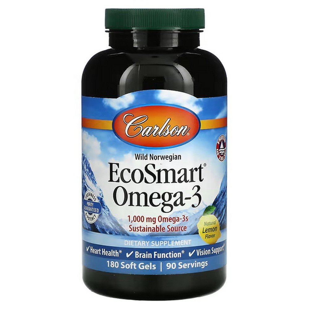 Carlson, EcoSmart Omega-3, Omega-3 Fish Oil, Natural Lemon Flavor, 1,000 mg, 180 Softgels (500 mg per softgel),Carlson, EcoSmart, омега-3, с натуральным лимонным вкусом, 1000 мг, 180 капсул (500 мг в 1 капсуле)