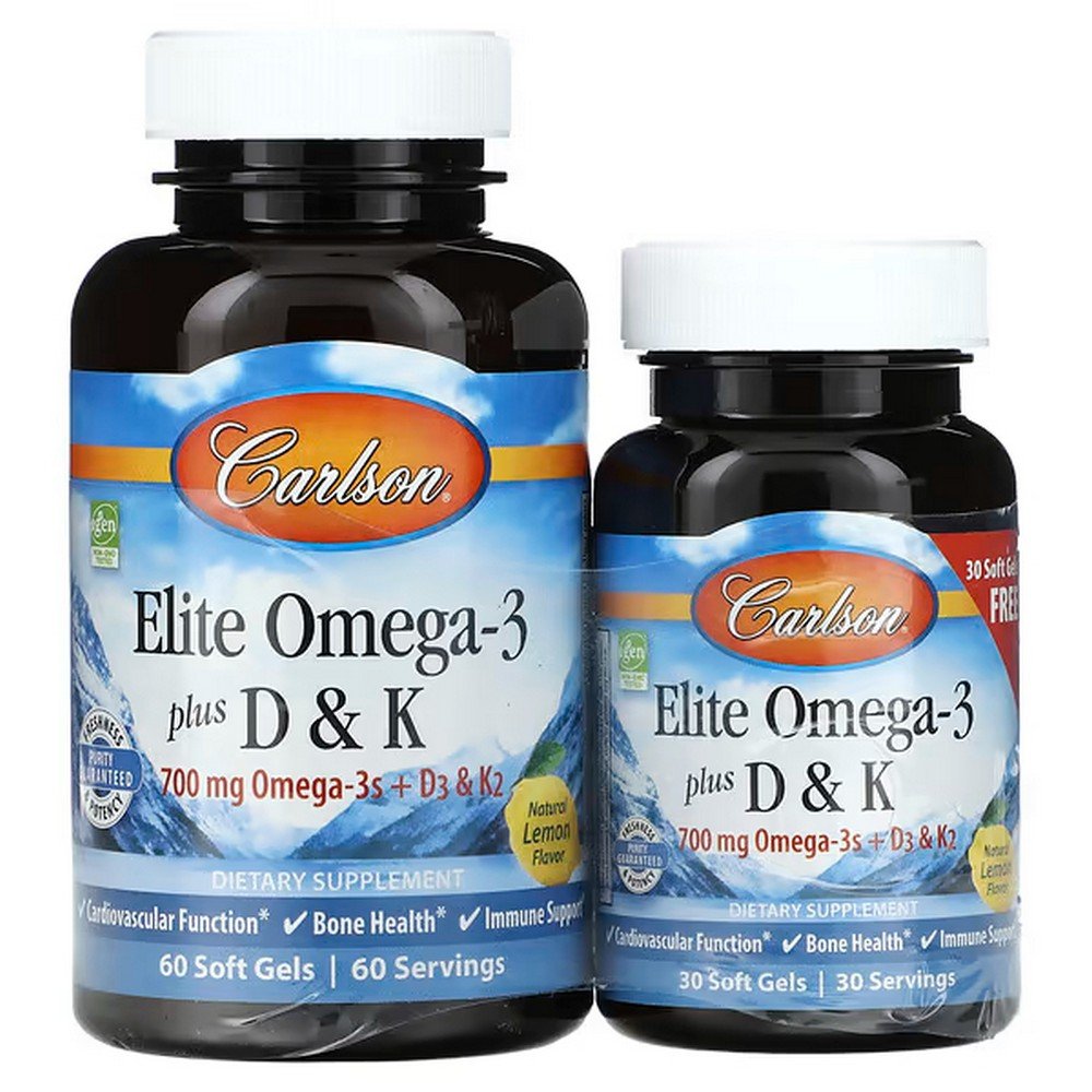 Carlson, Elite Omega-3 Plus D&K, Natural Lemon Flavor, 60 + 30 Free Softgels,Carlson, Elite Omega-3 с витаминами D и K, натуральный лимонный вкус, 60 (+ 30 бонусных) мягких капсул
