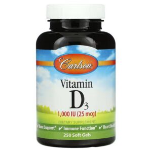 Carlson, Vitamin D3, 1,000 IU (25 mcg), 250 Softgels,Carlson, Витамин D3, 1000 МЕ (25 мкг), 250 мягких таблеток
