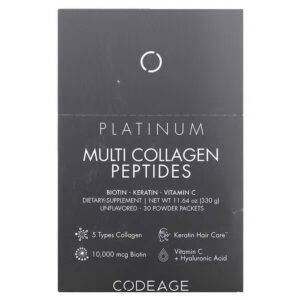 Codeage, Platinum, Multi-Collagen Peptides, Biotin, Keratin, Vitamin C, 30 Packets, 0.38 oz (11 g),Codeage, Platinum, мультиколлагеновые пептиды, биотин, кератин, витамин C, 30 пакетиков по 11 г (0,38 унции)