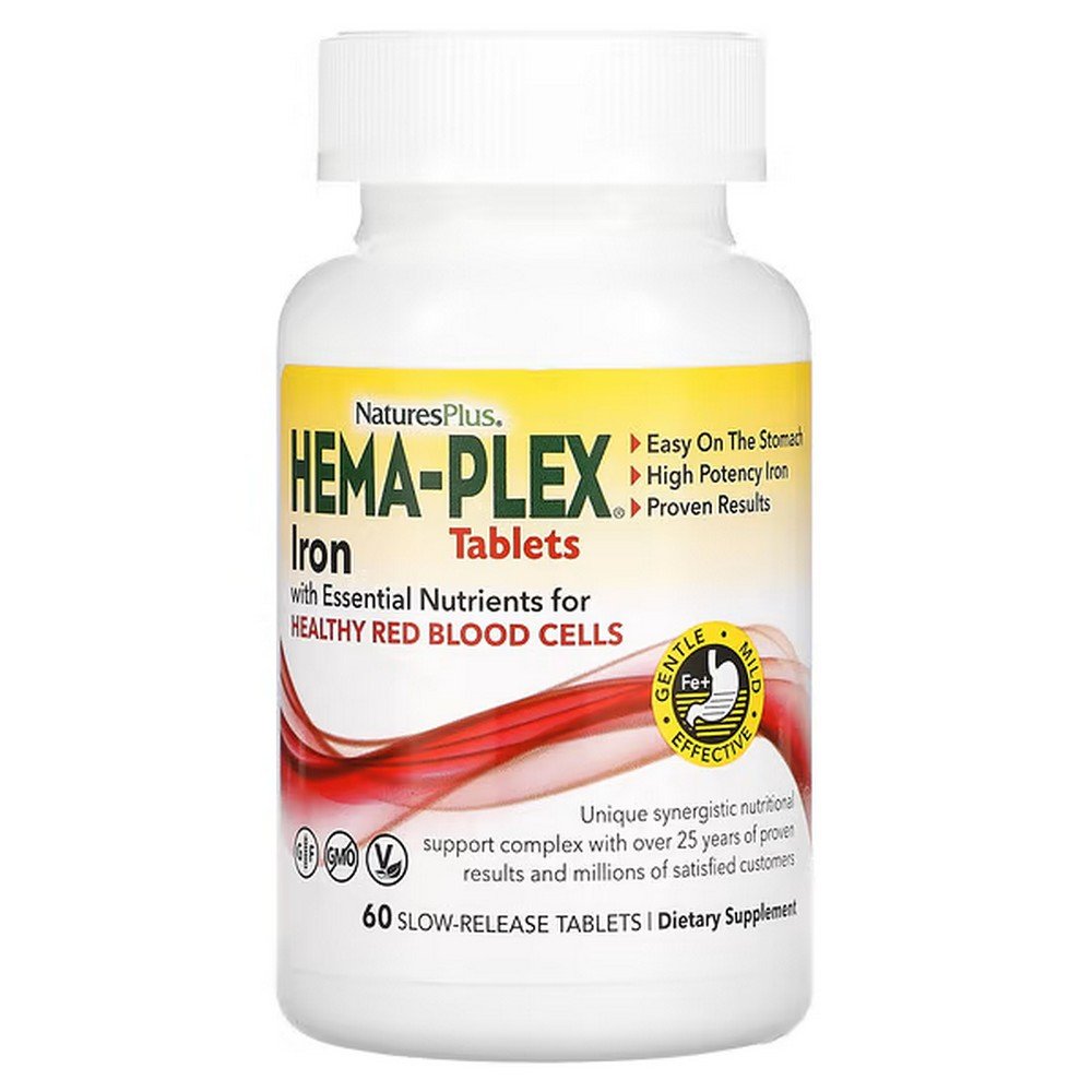 NaturesPlus, Hema-Plex, Iron with Essential Nutrients for Healthy Red Blood Cells, 60 Tablets,NaturesPlus, Hema-Plex, железо с необходимыми питательными веществами для здоровья эритроцитов, 60 таблеток