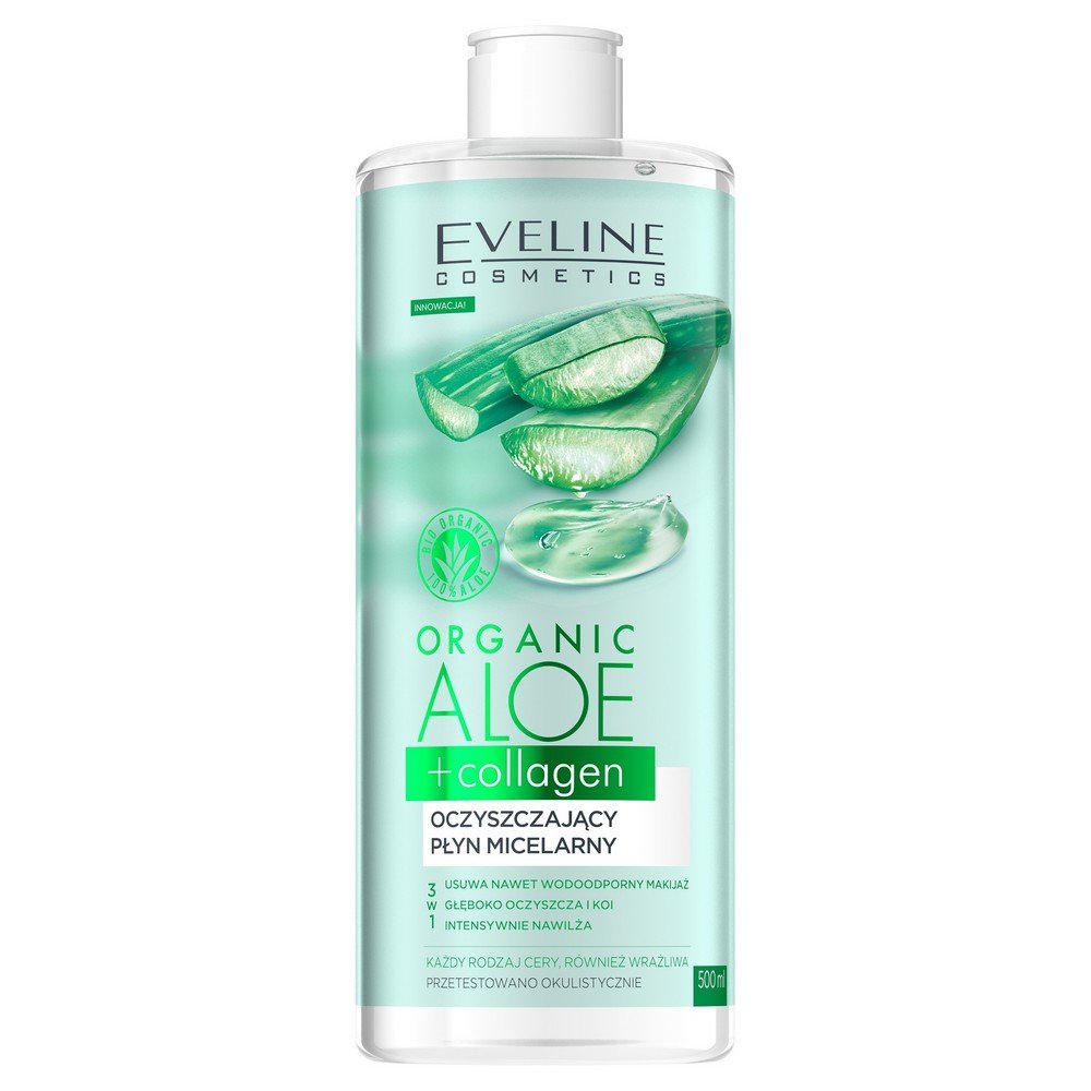 Eveline Cosmetics,Organic Aloe + Collagen Cleansing Micellar Fluid 3 in 1c,Organiczny Aloes + Kolagen Oczyszczający Płyn Micelarny 3 w 1c