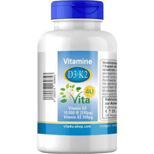 Vitamin D3 10000 IU + Vitamin K2 200mg Menaquinon MK7 Depot 180 Combination Capsules,Vitamin D3 10000 IE + Vitamin K2 200 μg Menachinon MK7 Depot 180 Kombinationskapseln